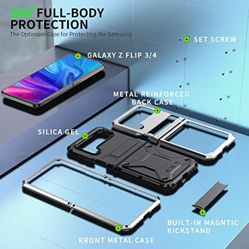 Kompatibilis a Samsung Galaxy Z Flip 4 Fém tok Állvány Katonai Heavy Duty Ütésálló Alumínium ház Nehéz