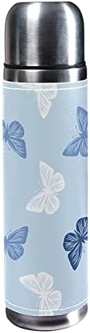 Kék Mintás Pillangó 500ml Utazási Bögre Kávés Csésze Víz Üveg Vákuum Bőr Szigetelő Kupa 304-es Rozsdamentes