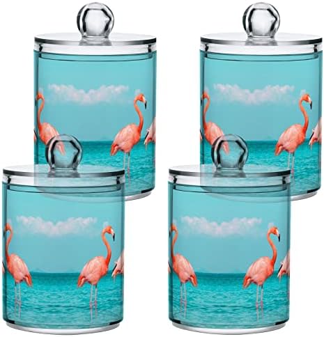 YYZZH Flamingó Óceán Kék Tenger Napfényes Égen Nyári Felhő, 4 Csomag Qtip Jogosultja Adagoló Vatta Labda