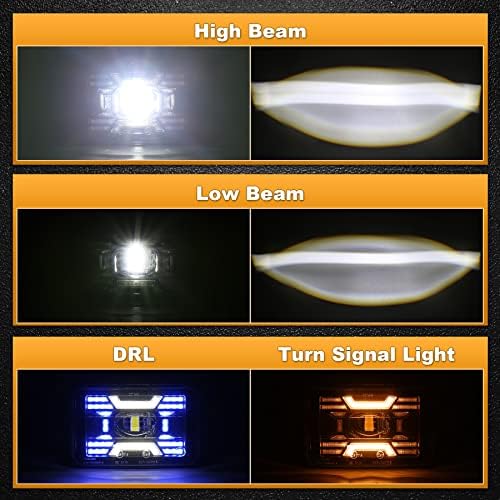 ZJUSDO 4x6 inch LED-es Fényszórók, Négyzet alakú Fényszórók Kizárólagos X Design White&Blue DRL Amber