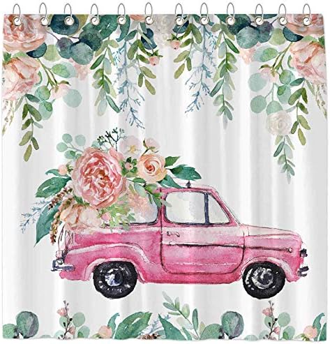 Funnytree Tavaszi Teherautó zuhanyfüggöny Fürdőszobai Rózsaszín Parasztház Virágos Levelek Haza Fürdőkád